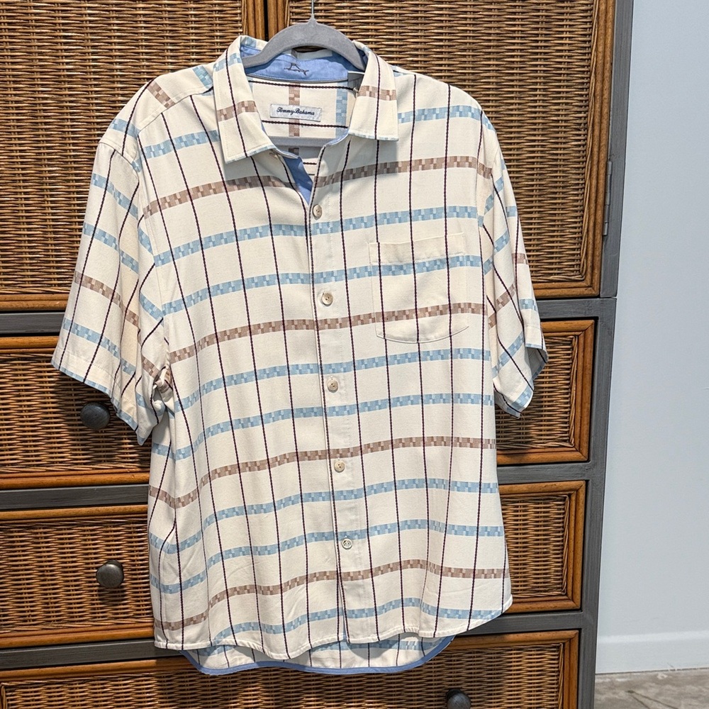 Tommy Bahama Men's Plaid Shirt - Cream, Blue, and Brown